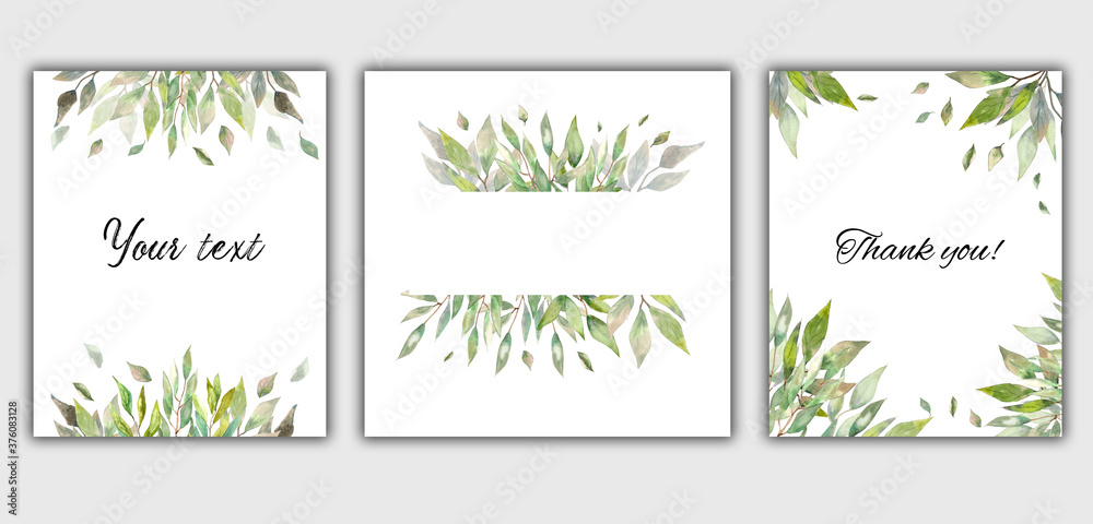 Watercolor illustration. A set of templates for text placement. Place for your text in a frame made of flora elements in the style of greenery.