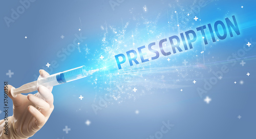 Syringe, medical injection in hand with PRESCRIPTION inscription, medical antidote concept
