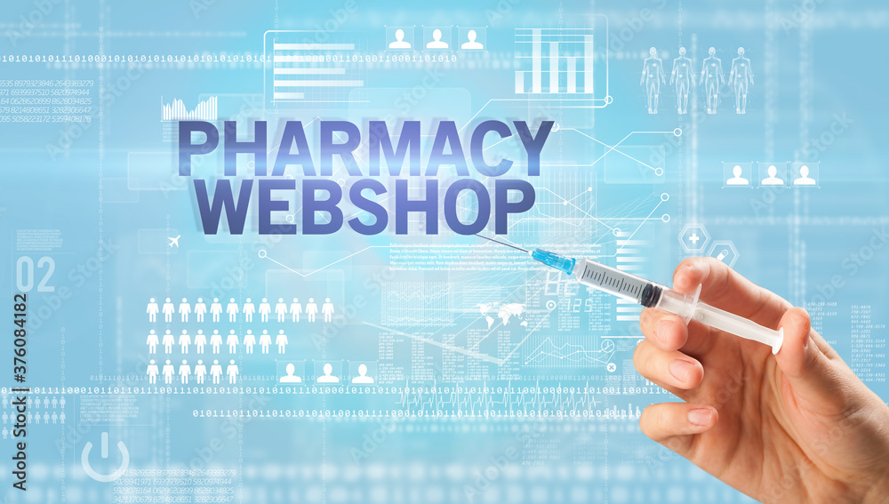 Close-up view of doctor's hand in a white glove holding syringe with PHARMACY WEBSHOP inscription, healthcare and medical concept Close-up view of doctor's hand in a white glove holding syringe with PHARMACY WEBSHOP inscription, healthcare and medical concept