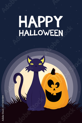 happy halloween card with pumpkin and cat scene