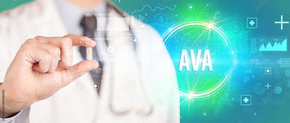 Close-up of a doctor giving you a pill with AVA abbreviation, virology concept Close-up of a doctor giving you a pill with AVA abbreviation, virology concept