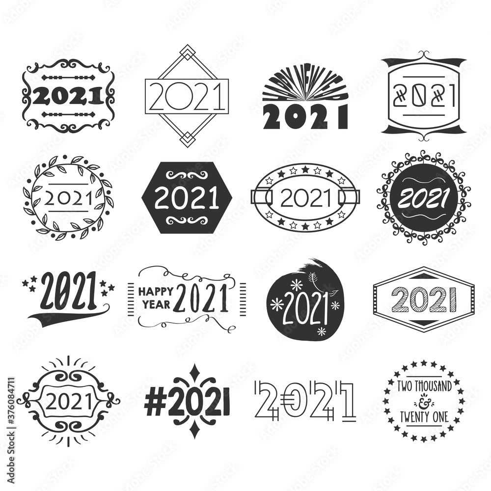 Black year 2021 number creative design emblem and motifs set icons on white background