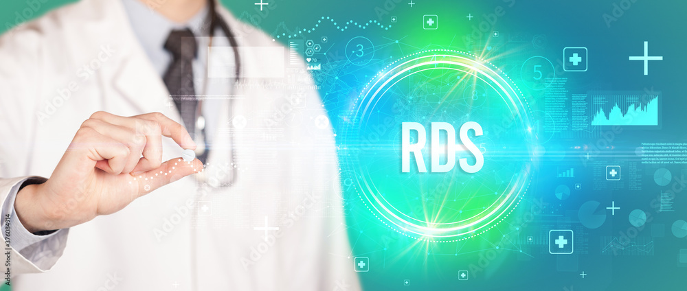 Close-up of a doctor giving you a pill with RDS abbreviation, virology concept Close-up of a doctor giving you a pill with RDS abbreviation, virology concept