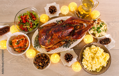 Festive dinner with roast turkey and other dishes