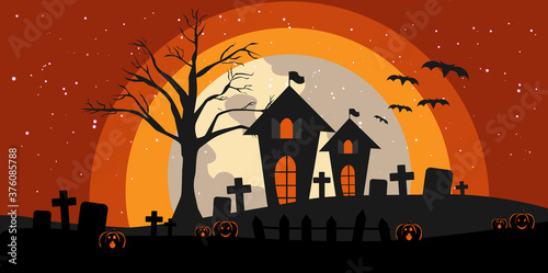 Halloween Banner with Pumpkin . Vector Flat Illustration. Full Moon Night in Spooky Forest.