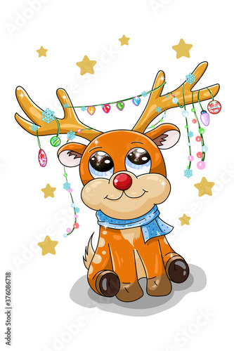 A little cute orange deer wearing christmas knock knacks on the antlers