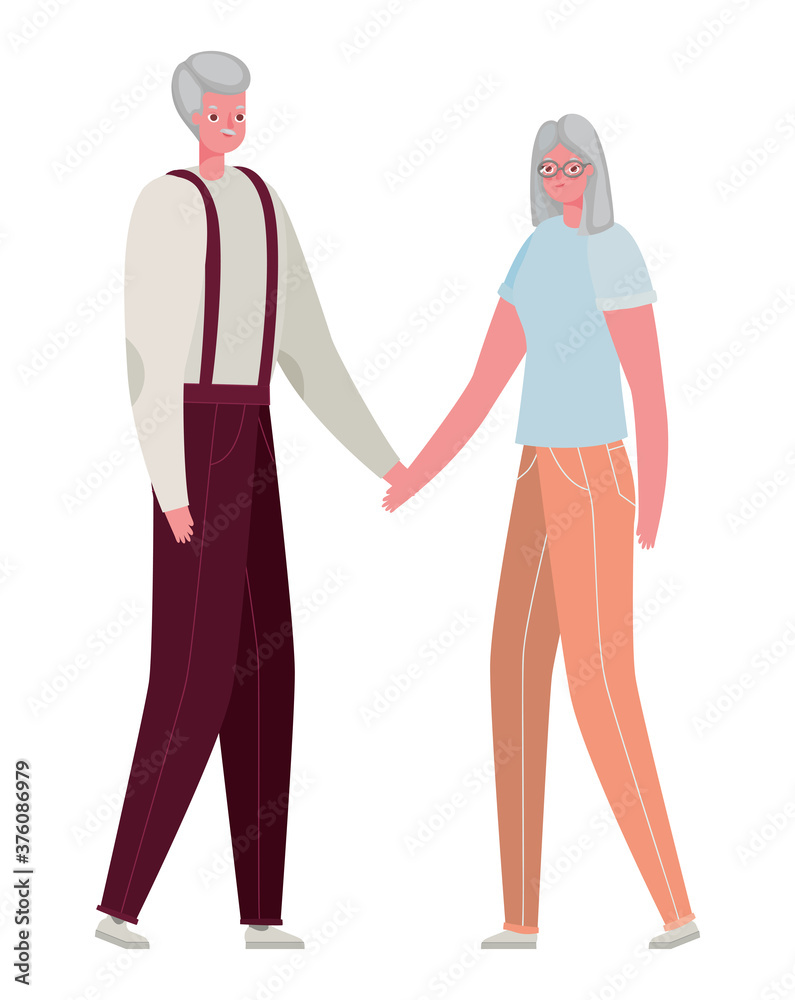 Senior woman and man cartoons holding hands vector design