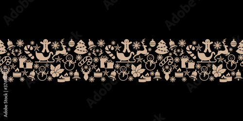 Christmas stencil seamless border. Deer, christmas ball, sledge, bell, candle, sweet, gift etc. Vector stock illustration. EPS 10