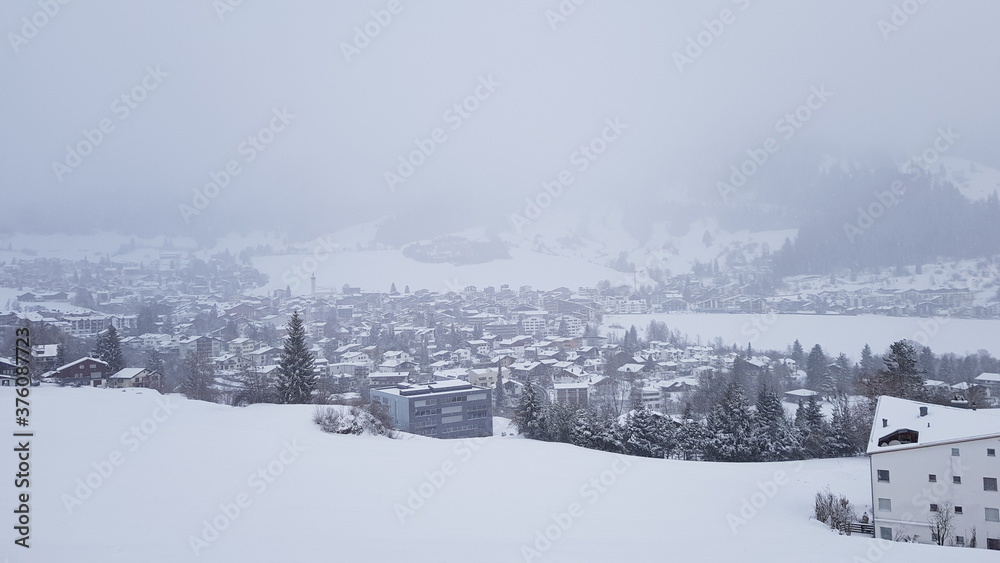 Obraz premium Skiing in the beautiful mountains of the Laax ski resort in Flims, Switzerland