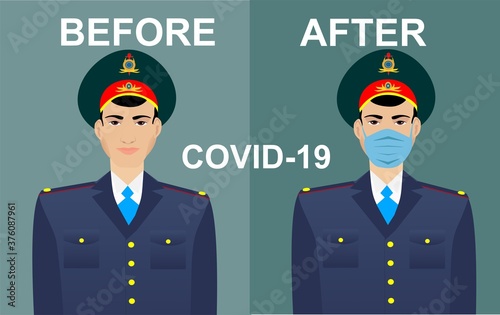 Kazakh police officers in uniform and mask, pandemia coronavirus situation in Kazakhstan