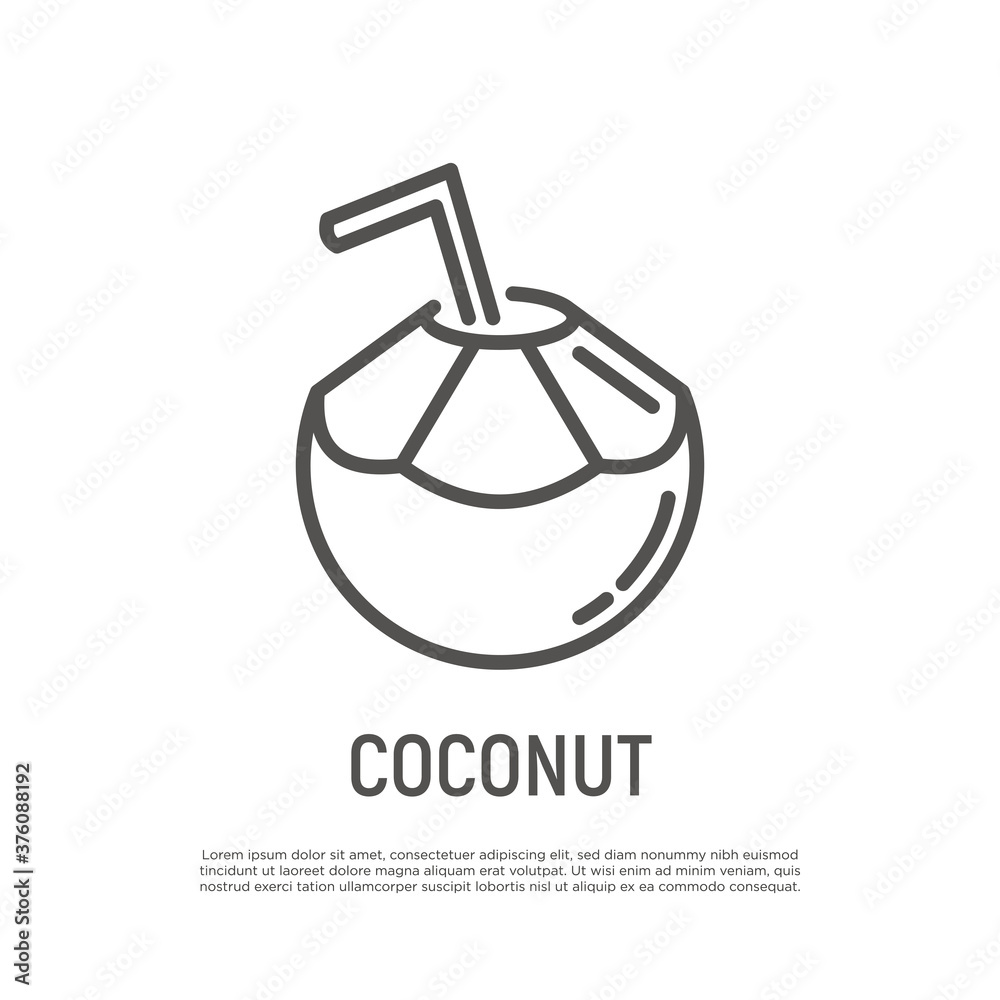 Coconut drink with straw thin line icon. Exotic fruit. Healthy organic food. Vector illustration. Coconut drink with straw thin line icon. Exotic fruit. Healthy organic food. Vector illustration.