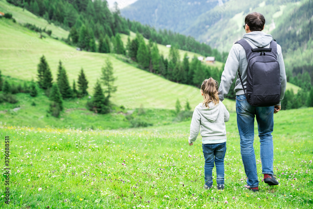 Father With Child Girl In Mountains In Austria Father With Child Girl In Mountains In Austria