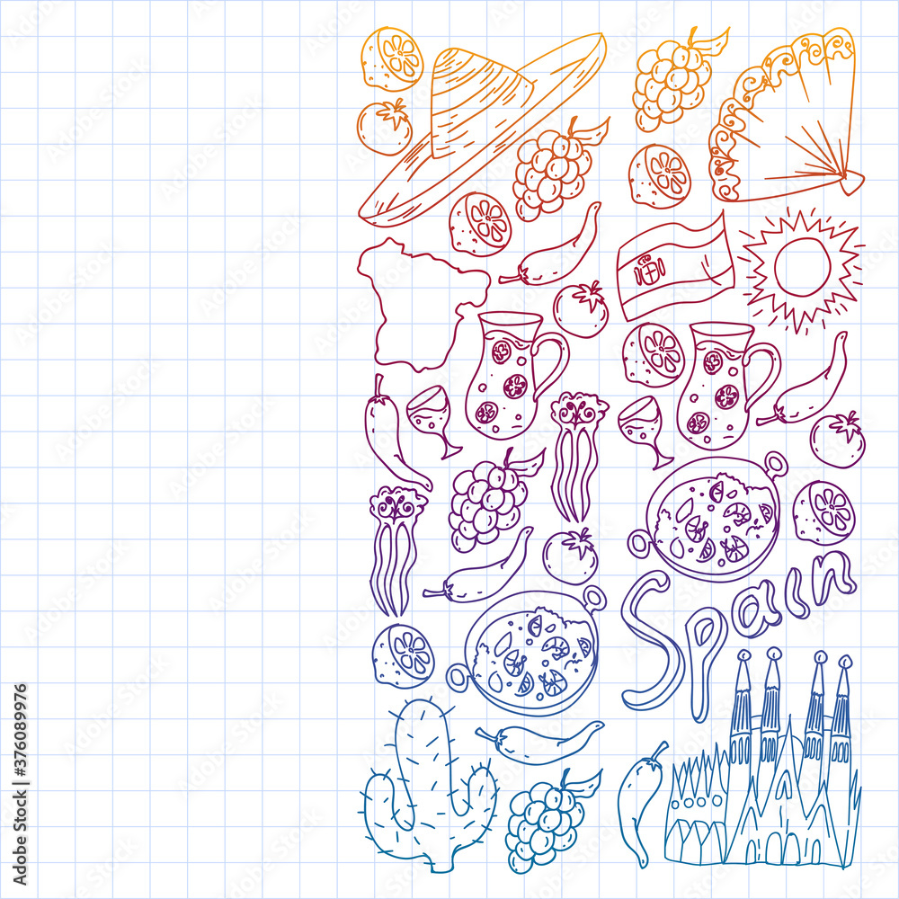 Spain travel. Pattern with spanish vector doodles elements. Eat spanish food. Play spanish guitar, dance flamenco. Traditional icons of bull, wine, dresses.