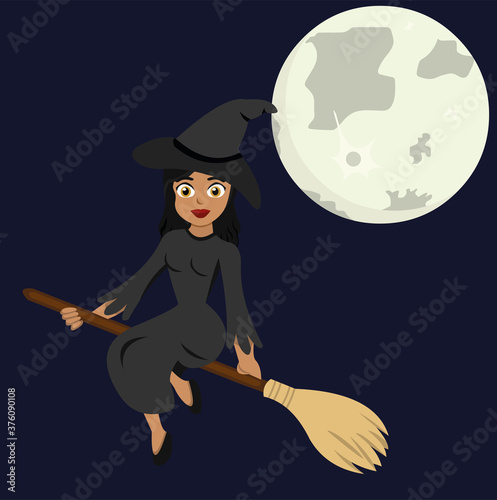 Vector illustration of a witch flying on a broomstick