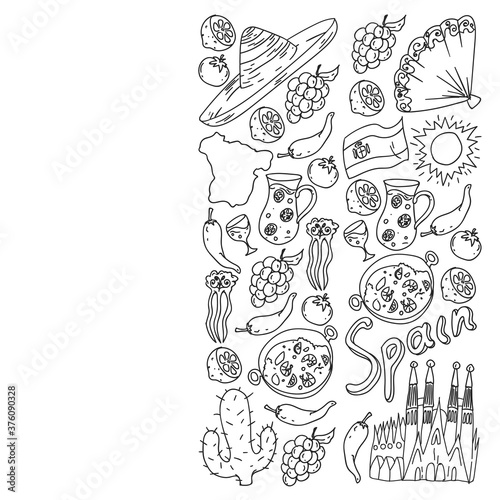 Spain travel. Coloring page. Pattern with spanish vector doodles elements. Eat spanish food. Play spanish guitar, dance flamenco. Traditional icons of bull, wine, dresses.