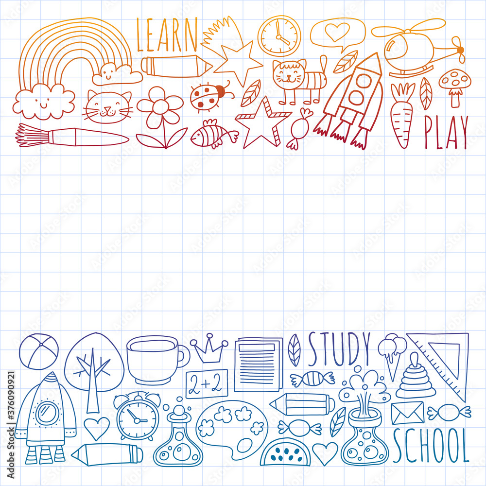 Back to School vector doodle set. Supplies for sport, art, reading, science, geography, biology, physics, mathematics, astronomy, chemistry.