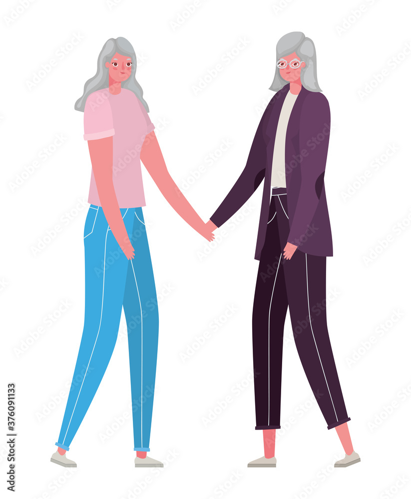 Senior women cartoons holding hands vector design Senior women cartoons holding hands vector design