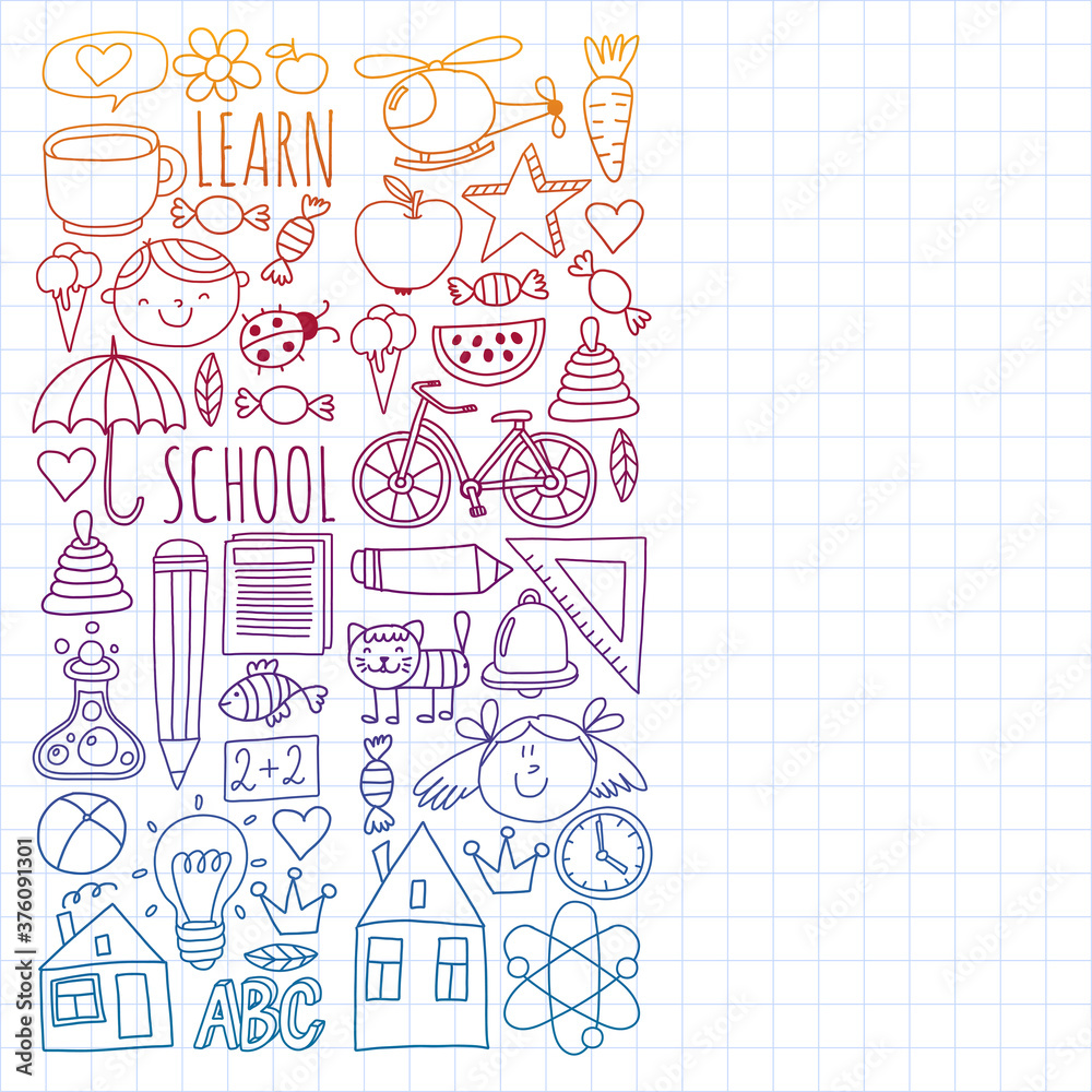 Back to School vector doodle set. Supplies for sport, art, reading, science, geography, biology, physics, mathematics, astronomy, chemistry.