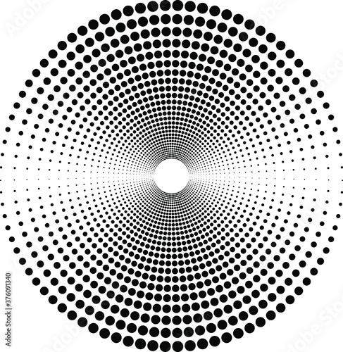 Black halftone dots. Round form. Geometric art. Trendy design element for frame, logo, tattoo, sign, symbol, web, prints, posters, template, pattern and abstract background