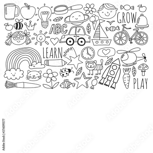 Back to School vector doodle set. Supplies for sport, art, reading, science, geography, biology, physics, mathematics, astronomy, chemistry. © Anastasia
