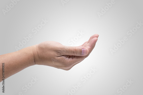 Close up of cupped hand with palm up on white background