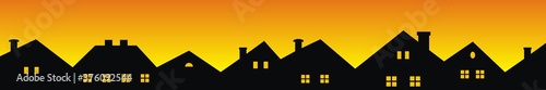 Cityscape, roofs and windows, black silhouette on orange background, vector