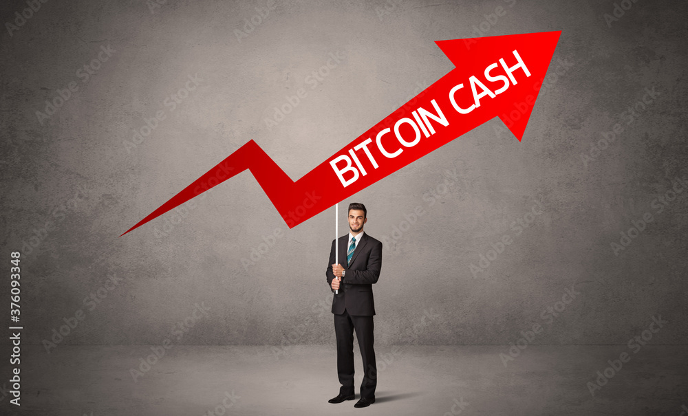 Fototapeta premium Young business person in casual holding road sign with BITCOIN CASH inscription, business direction concept