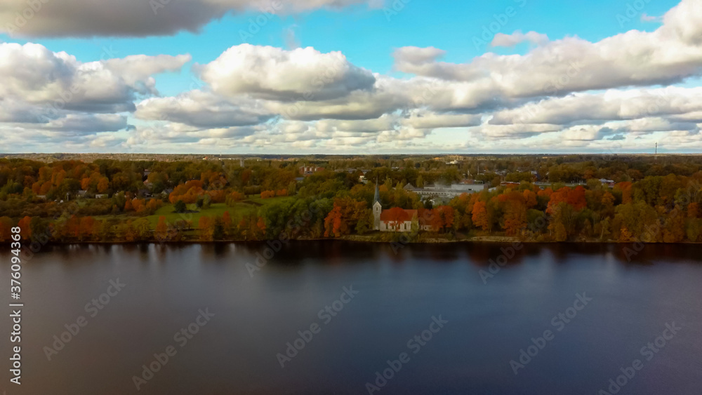 Autumn Aerial Landscape of Koknese Evangelical Lutheran Church and River Daugava Located in Koknese Latvia. Aerial View..