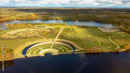 Autumn Aerial Landscape Over the Garden of Destiny in Koknese, Open-air Park 