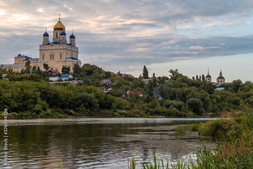 Russia, the city of Yelets, view of the high Bank of the Sosna river and the Cathedral of the ascension of the Lord.