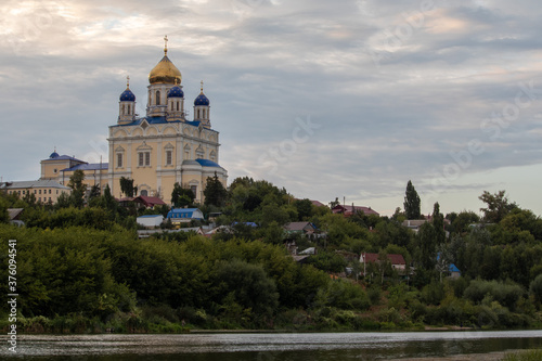 Russia, the city of Yelets, view of the high Bank of the Sosna river and the Cathedral of the ascension of the Lord.