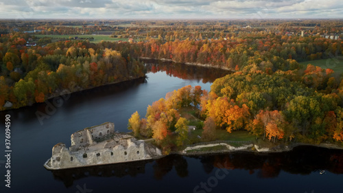 Autumn Aerial Landscapeof Old Koknese Castle Ruins and River Daugava Located in Koknese Latvia. Medieval Castle Remains in Koknese. Aerial View of an Old Stone Castle Ruins in Koknese