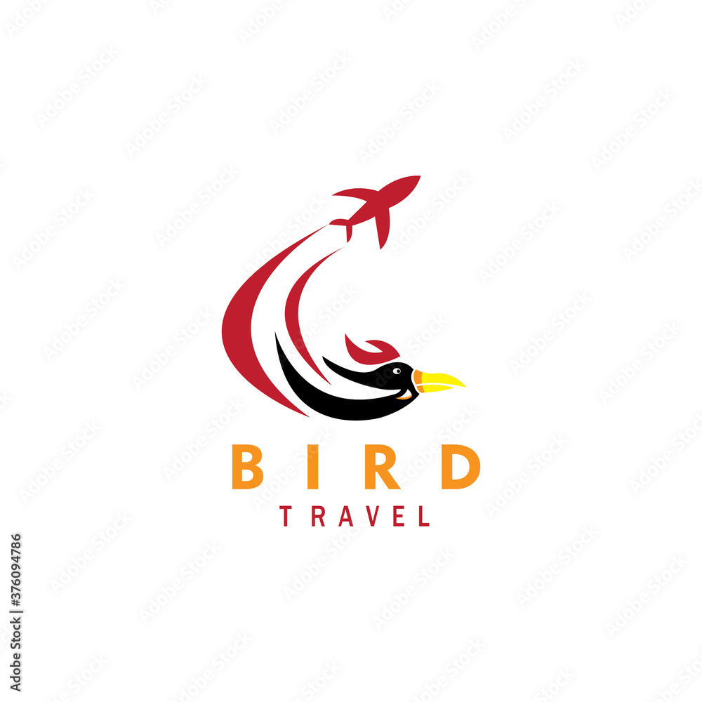 Obraz premium travel logo illustration, flying bird and airplane design, color vector template