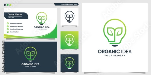 Organic logo with creative leave line art style and business card design template, leave, nature, modern, Premium Vector