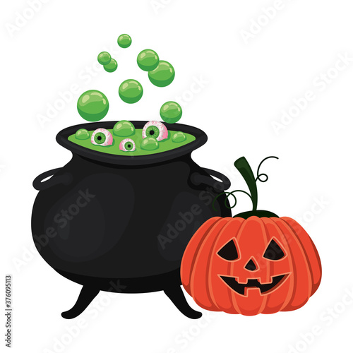 Halloween witch bowl and pumpkin vector design