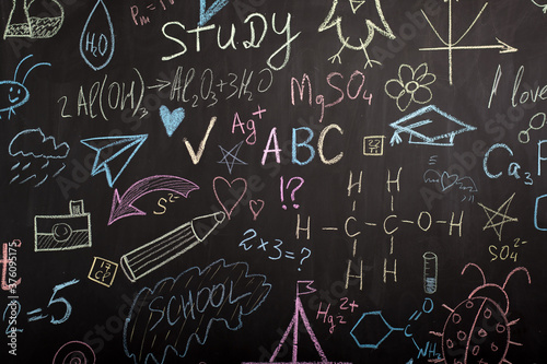 school blackboard with chalk-drawn drawings and formulas.