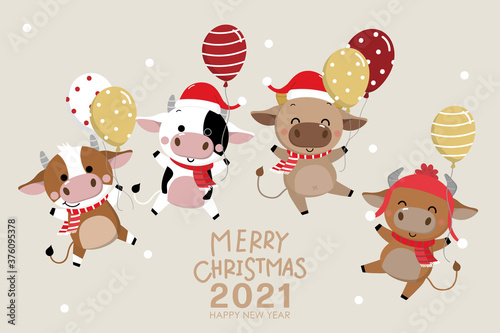 year of ox142Merry Christmas and happy new year 2020. The year of the ox. The male cow and bull with red costume and balloons. Animal holidays cartoon character. -Vector