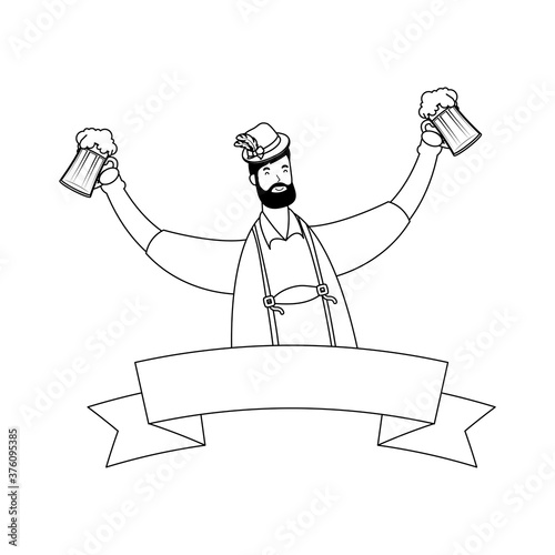 german man wearing tyrolean suit drinking beers ribbon frame line style