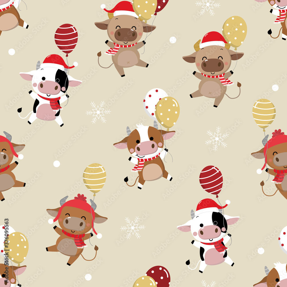 Cute cow in winter costume seamless pattern. 2021 The year of the ox. Animal in Christmas holidays cartoon character background. -Vector