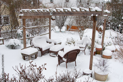 Backyard garden set, snow covered in the winter