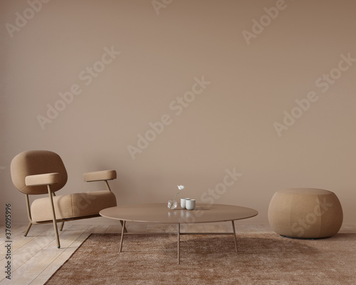 Living room interior in monochrome terracotta color