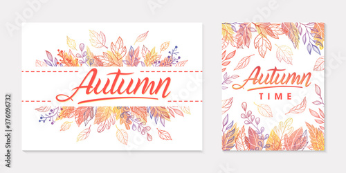 Autumn seasonals postes with leaves and floral elements in fall colors.Greetings banners perfect for prints,flyers,invitations.Trendy fall designs.Vector autumn illustrations.