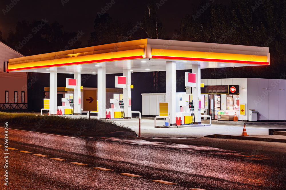Night view of the territory of the gas station.