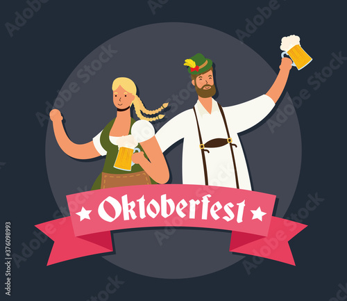 german couple wearing tyrolean suit drinking beers characters