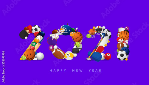 Vector Happy New Year 2021  text design with sports concept isolated on white background.