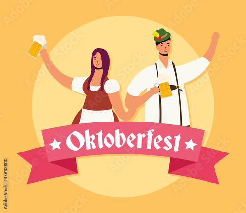 german couple wearing tyrolean suit drinking beers characters