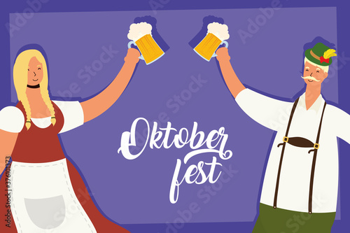 german couple wearing tyrolean suit drinking beers characters