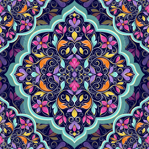 Purple, turquoise and orange luxury ornament seamless pattern design. Traditional Turkish, Indian motifs. Great for fabric and textile, wallpaper, packaging or any desired idea.