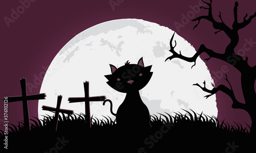 happy halloween card with black cat in cemetery scene