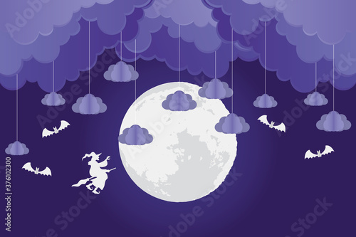 happy halloween card with witch and bats flying in moon scene